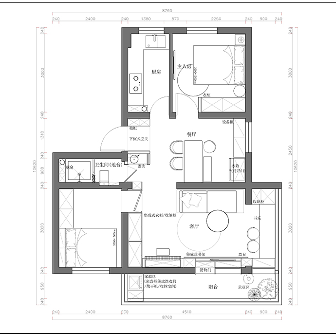 成都全包裝修公司非梵家裝飾人民中路10號(hào)院70m2原宿風(fēng)老房改造裝修效果圖--平面圖