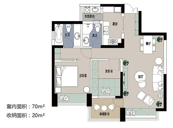 成都套餐裝修公司非梵家設計師王博作品欣賞：70㎡2室2廳1廚2衛平面圖